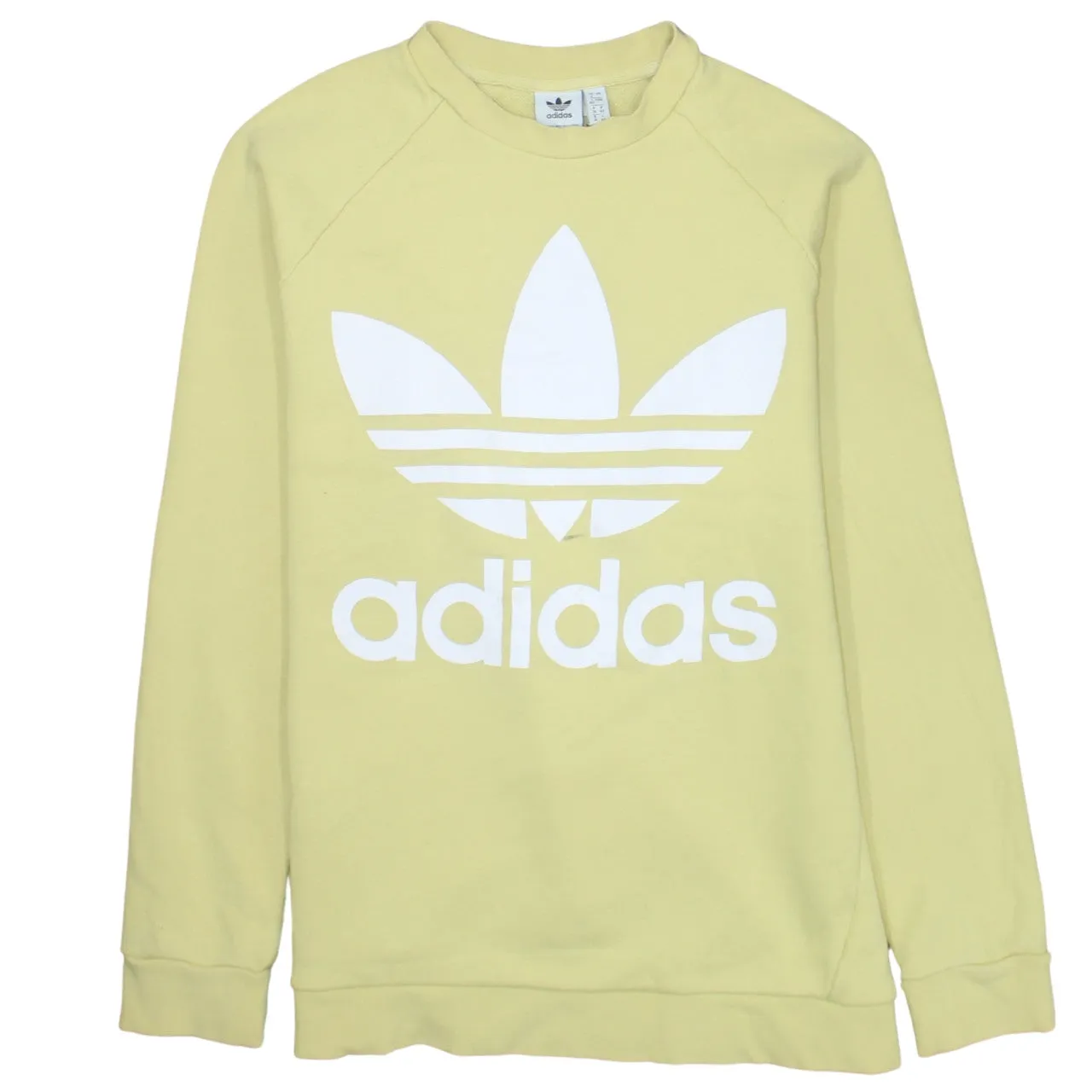 Adidas Pastel Yellow Sweatshirt Women's XLarge Printed Trefoil Logo Crewneck Pullover Top sold by Vintage Club