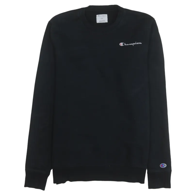 Champion Black Sweatshirt Men's Medium Embroidered Chest Logo Cuff Patch Crewneck Pullover made by Champion