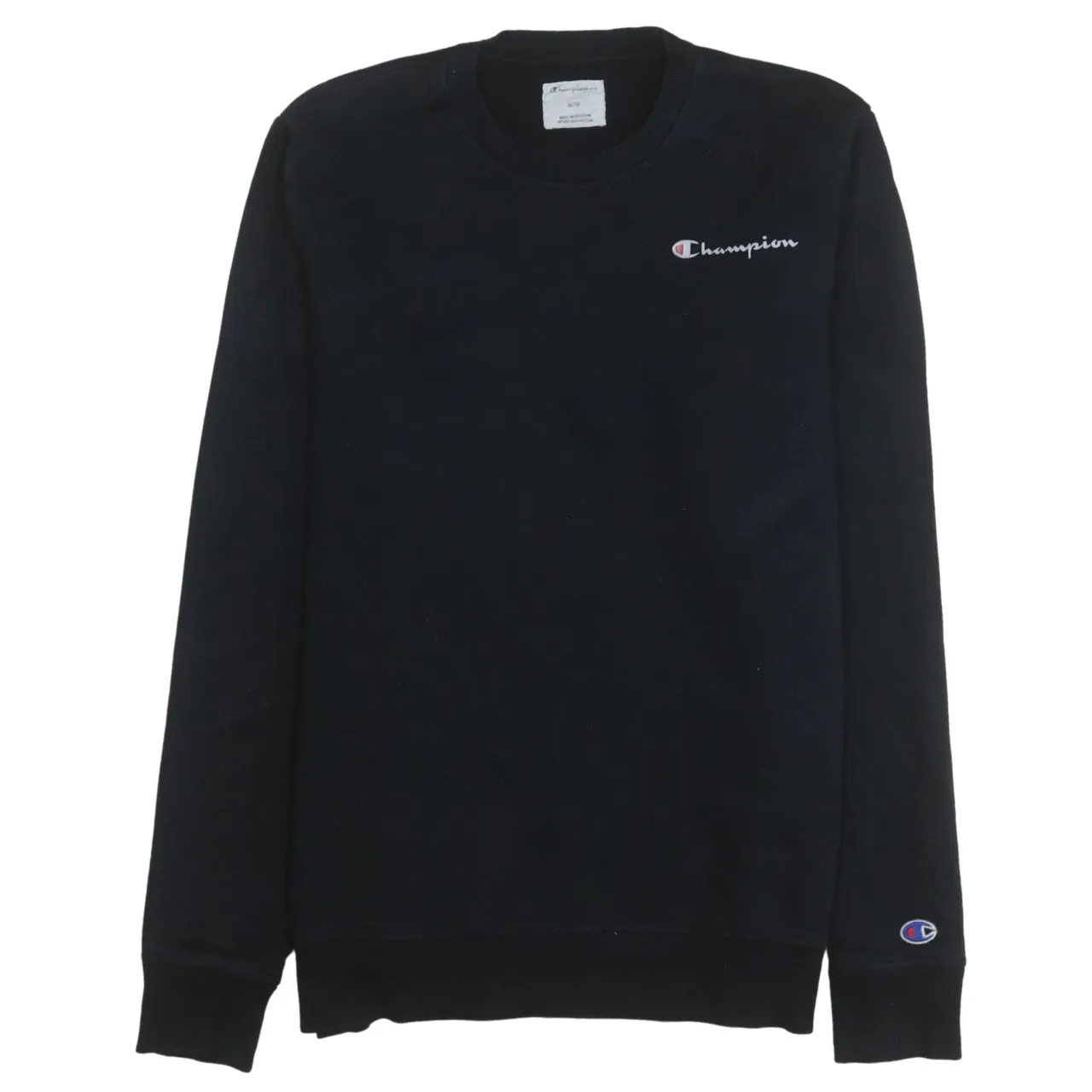 Champion Black Sweatshirt Men's Medium Embroidered Chest Logo Cuff Patch Crewneck Pullover sold by Vintage Club