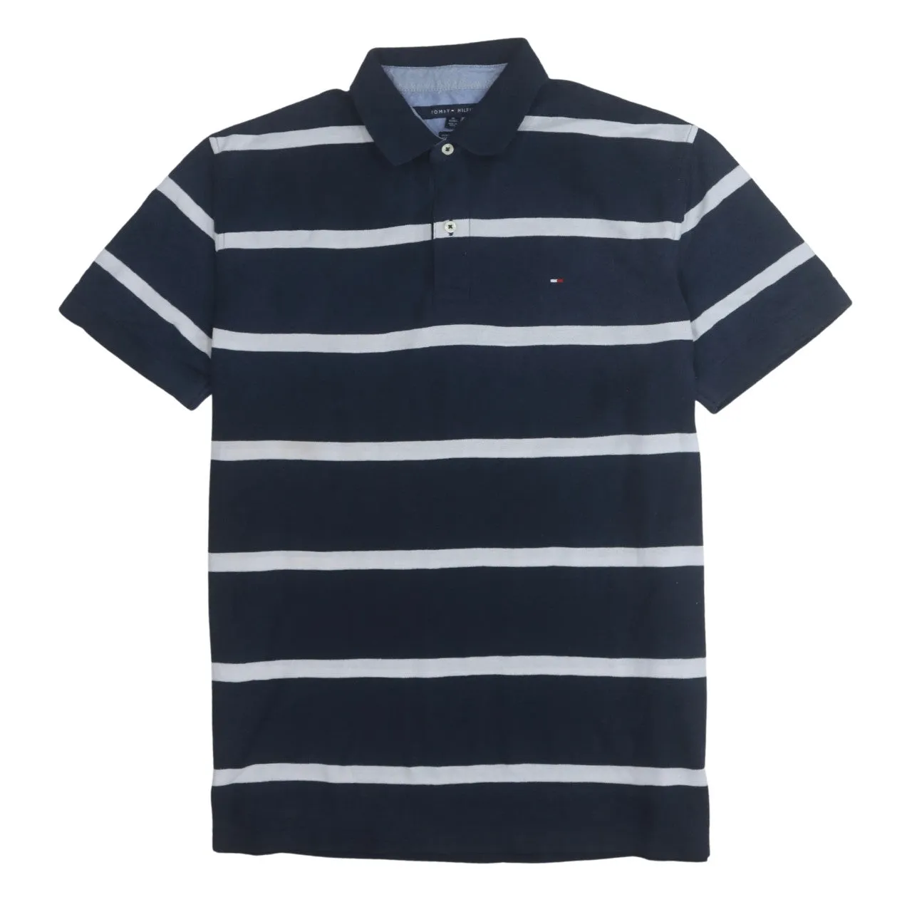 Tommy Hilfiger Navy Stripe Polo Shirt Women's XLarge Embroidered Flag Logo Short Sleeve Top sold by Vintage Club