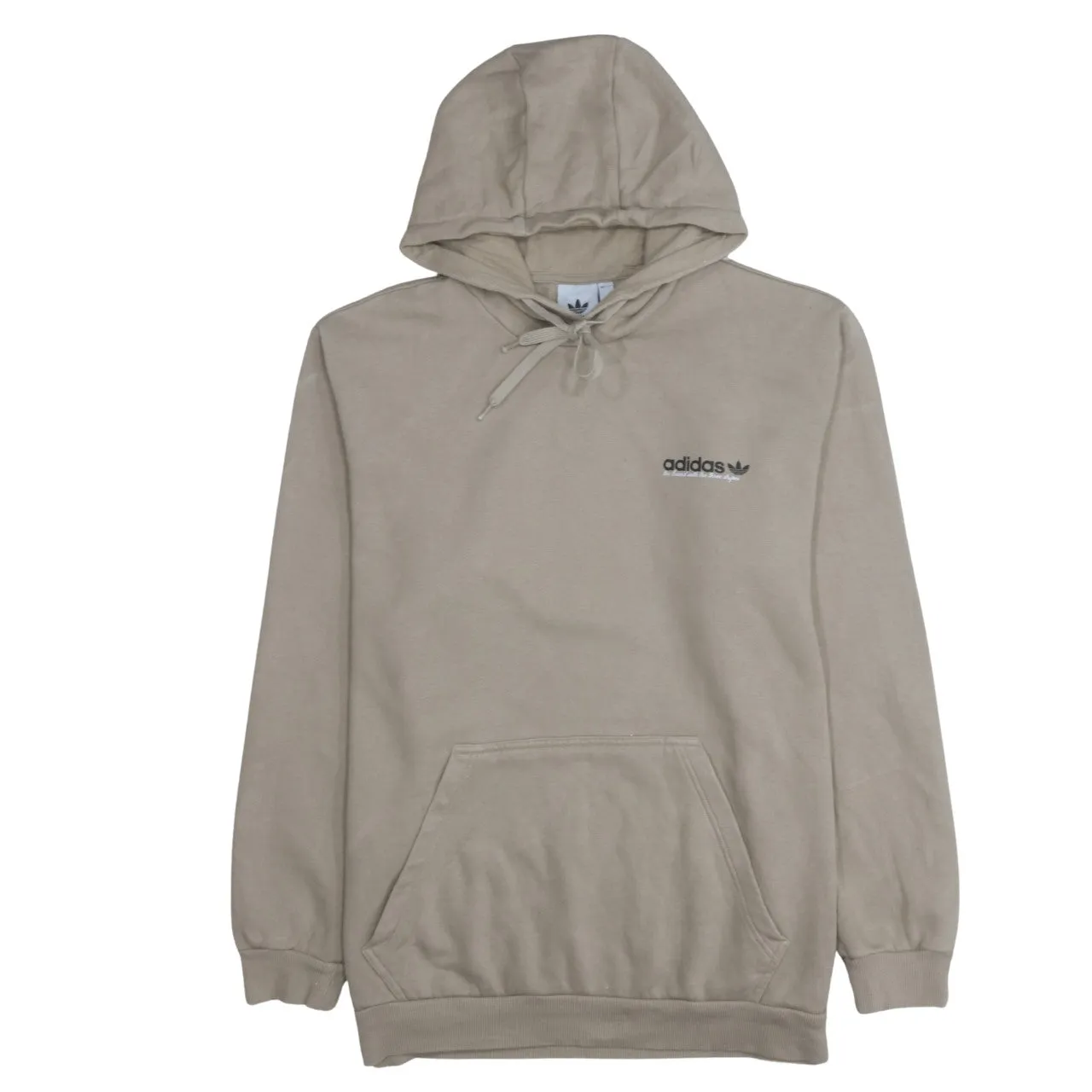 Adidas Beige Hoodie Women’s XLarge Printed Trefoil Logo Front Back Fleece Pullover Sweatshirt sold by Vintage Club