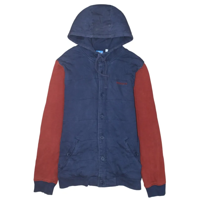 Adidas Navy Blue Hooded Jacket Women’s Large Button Front Embroidered Logo Pockets Sweatshirt sold by Vintage Club