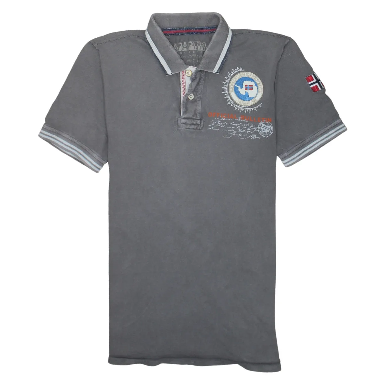 Napapijri Grey Polo Shirt Women's Large Embroidered Chest Badge Flag Sleeve Trim Casual Top sold by Vintage Club
