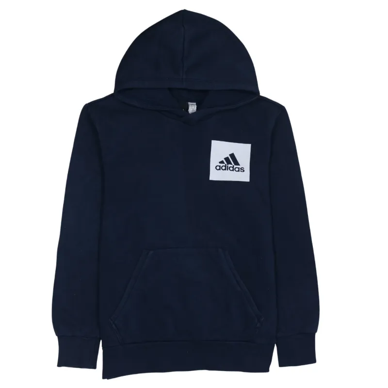 Adidas Navy Blue Hoodie Women's Medium Printed Chest Logo Front Pocket Fleece Pullover sold by Vintage Club
