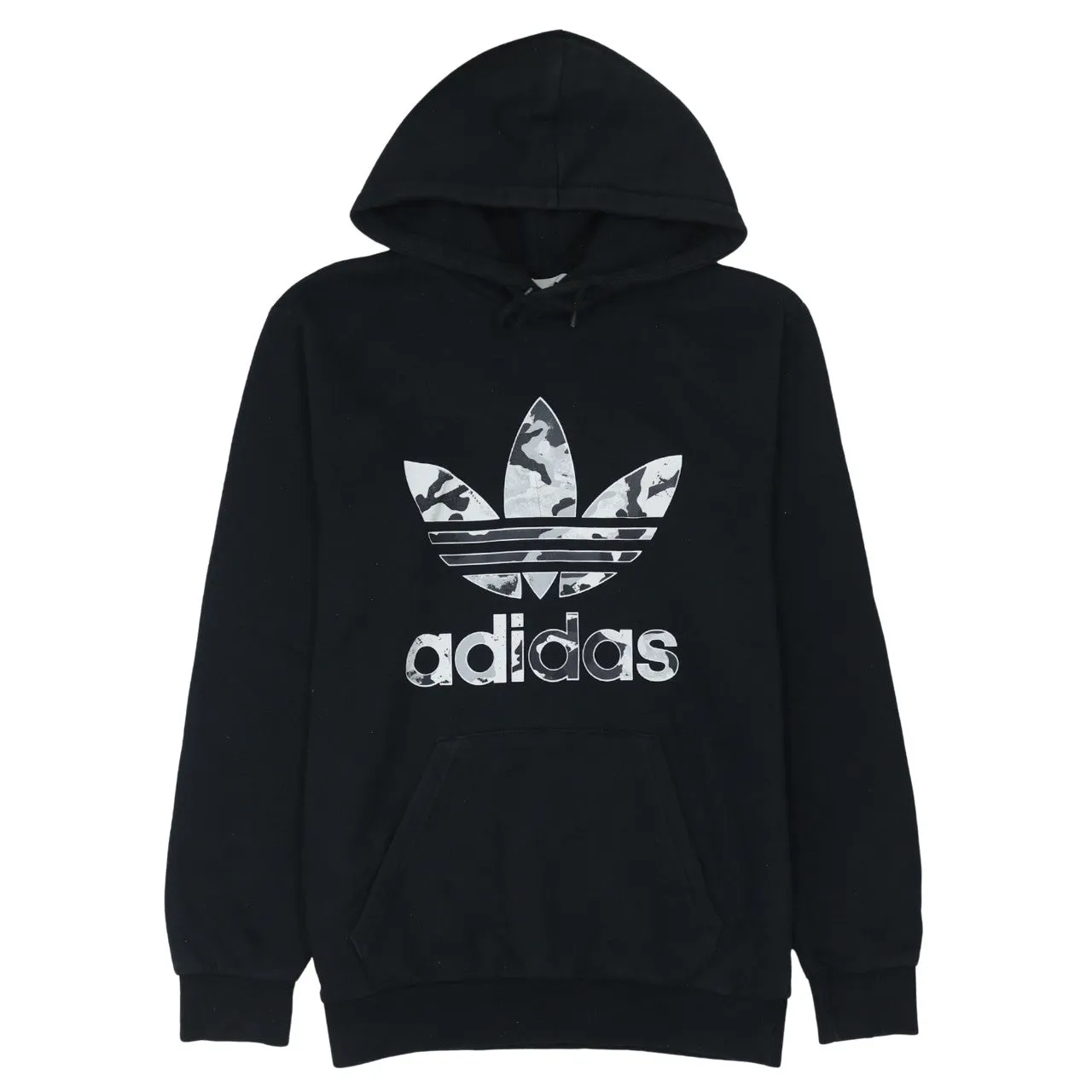 Adidas Black Hoodie Men's Small Camo Trefoil Printed Logo Front Pocket Sweatshirt sold by Vintage Club