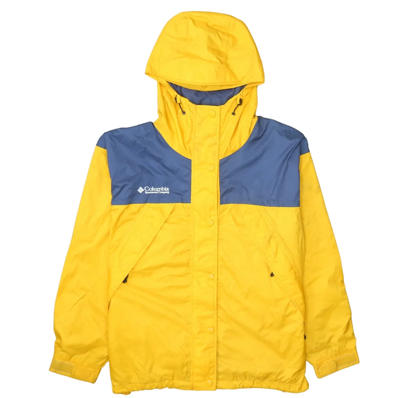 Columbia Yellow Blue Hooded Windbreaker Jacket Women’s Medium Embroidered Logo Sample Outerwear sold by Vintage Club