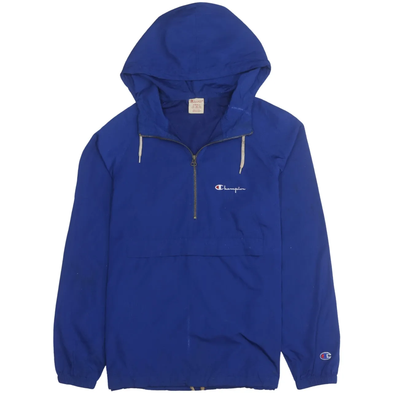 Champion Royal Blue Hooded Windbreaker Men’s Small Embroidered Logos Quarter Zip Pullover Jacket sold by Vintage Club