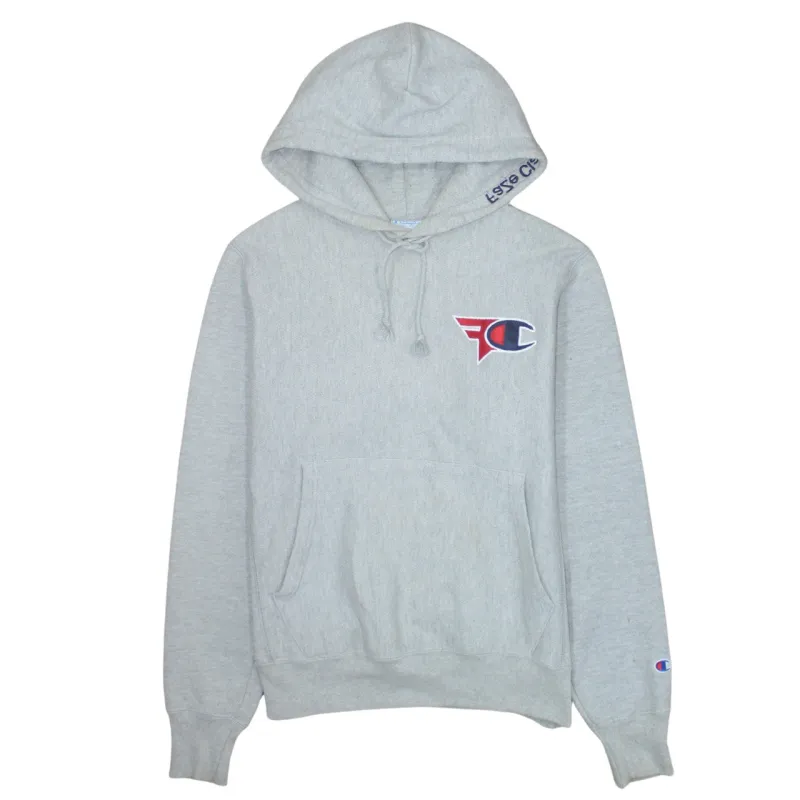 Champion Grey Hoodie Men's Small Embroidered Chest Logo Sleeve Script Fleece Pullover Sweatshirt sold by Vintage Club