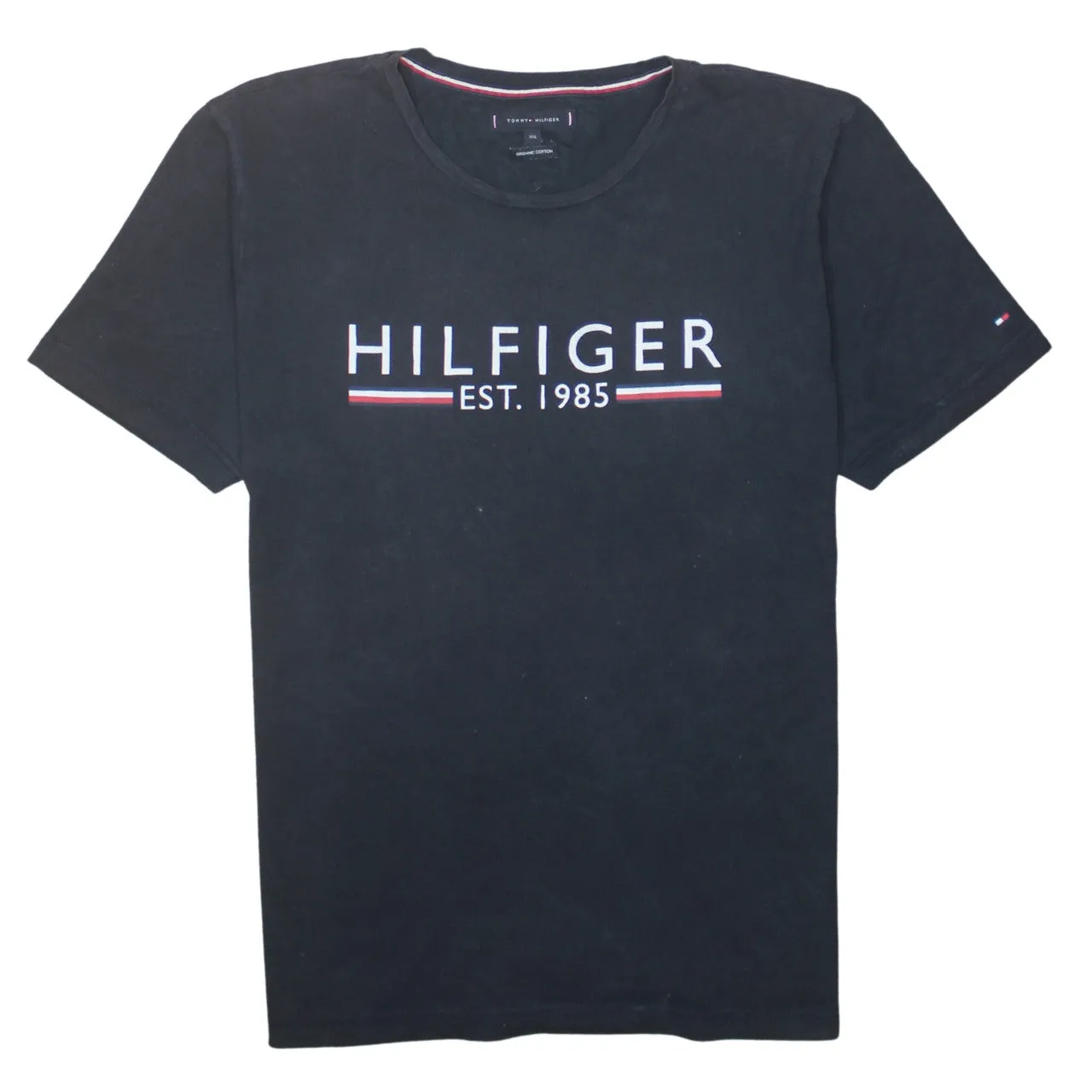Tommy Hilfiger Black T-Shirt Women's XXLarge Printed Hilfiger Est 1985 Logo Short Sleeve Top sold by Vintage Club