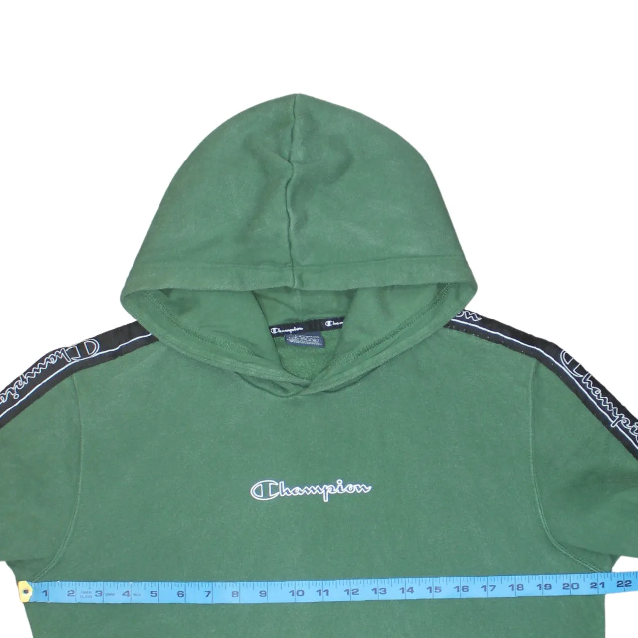 Champion Green Hoodie Women’s Large Taped Logo Sleeves Embroidered Chest Pullover Sweatshirt sold by Vintage Club product image thumbnail 5