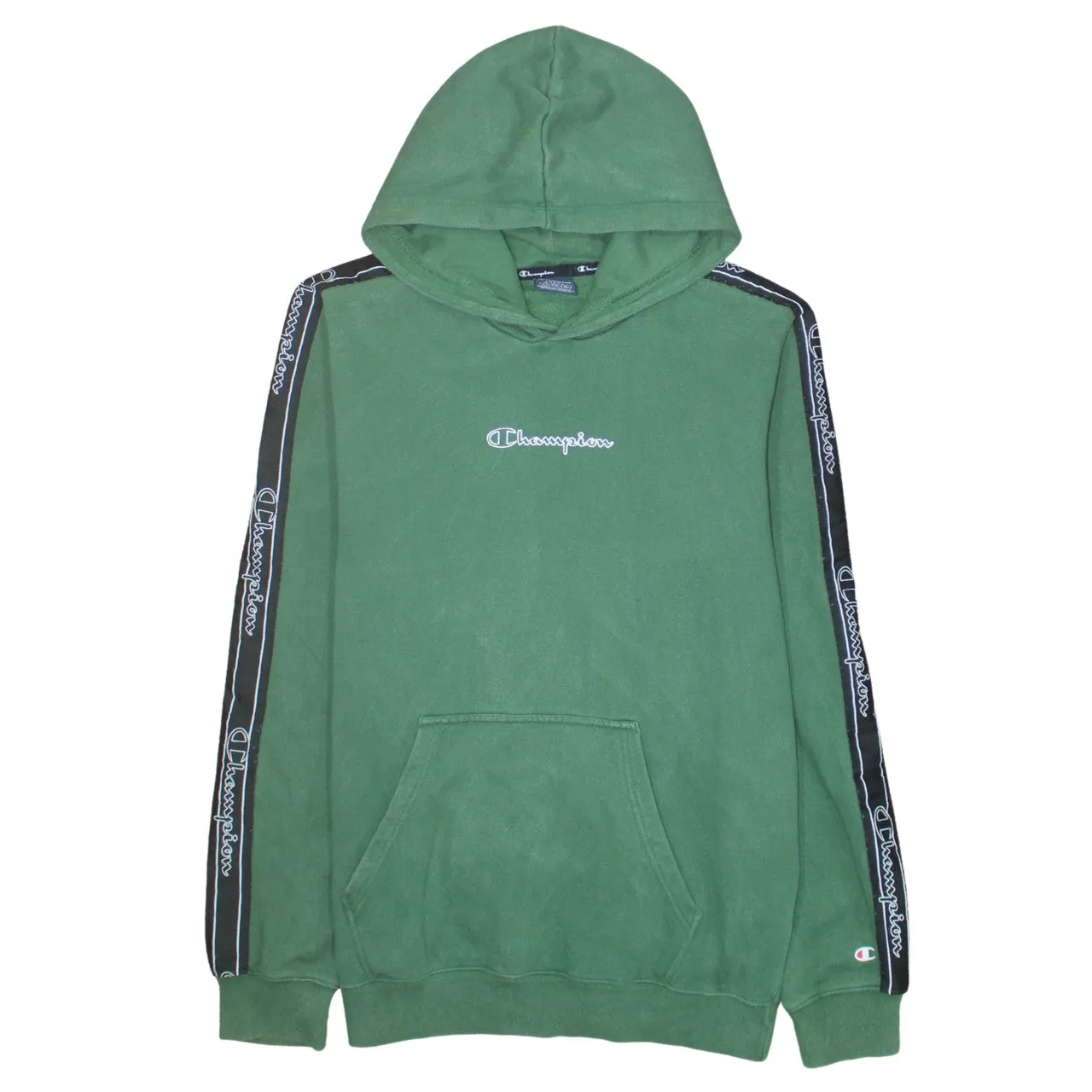 Champion Green Hoodie Women’s Large Taped Logo Sleeves Embroidered Chest Pullover Sweatshirt sold by Vintage Club