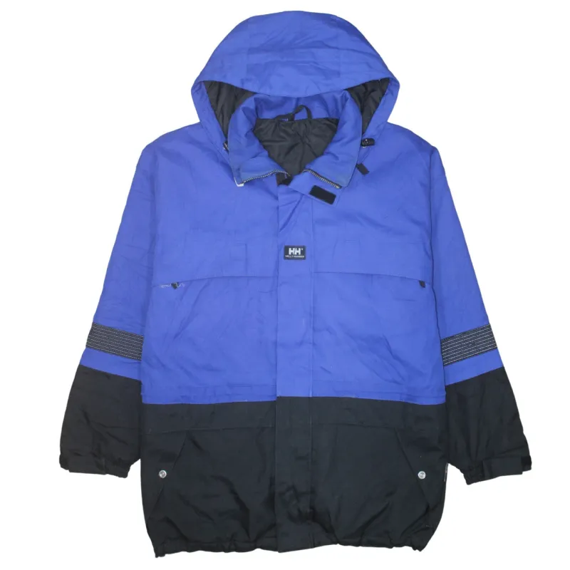 Helly Hansen Blue Black Hooded Jacket Men's Large Reflective Stripes Zip Pockets Outerwear sold by Vintage Club