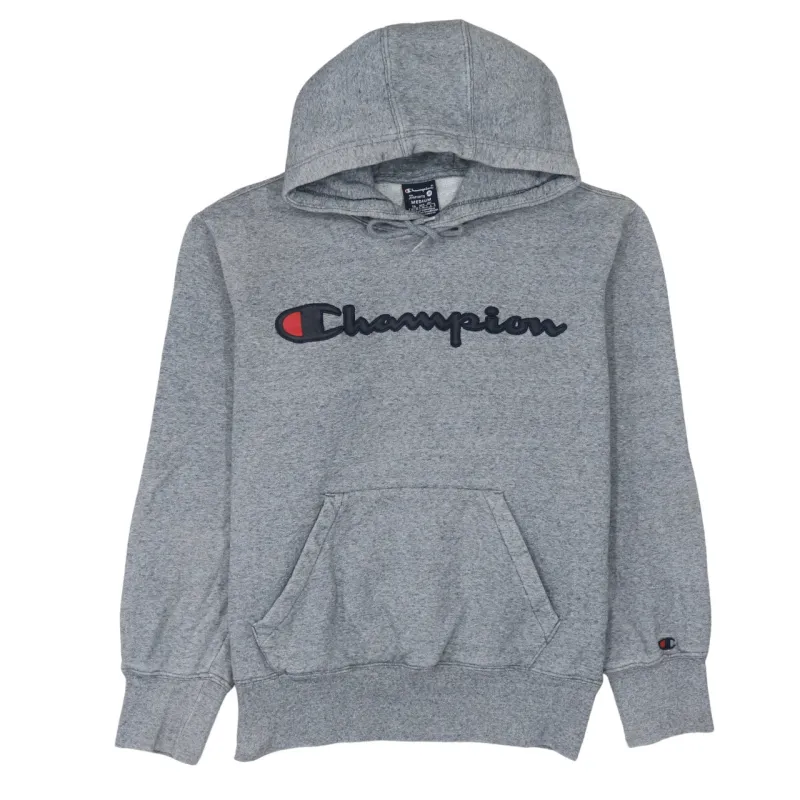 Champion Grey Hoodie Women’s Medium Embroidered Script Logo Front Pocket Fleece Sweatshirt sold by Vintage Club