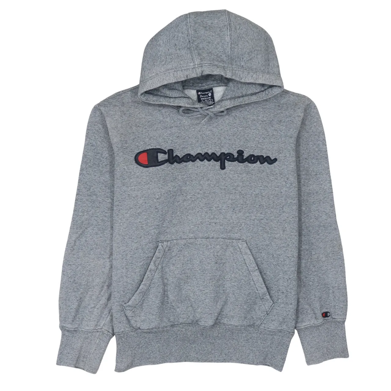 Champion Grey Hoodie Women’s Medium Embroidered Script Logo Front Pocket Fleece Sweatshirt sold by Vintage Club