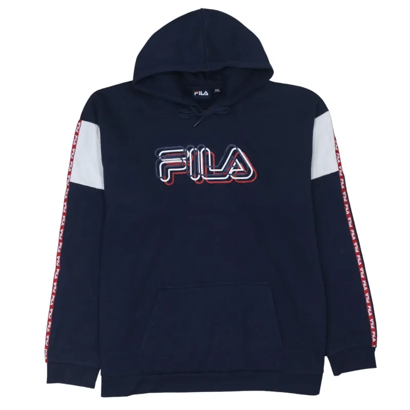 Fila Navy Blue Hoodie Women’s 3XL Embroidered Logo Tape Sleeve Pullover Sweatshirt sold by Vintage Club