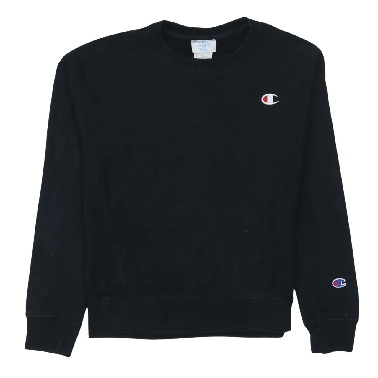 Champion Black Sweatshirt Men's Small Embroidered Chest Logo Cuff Logo Crewneck Pullover sold by Vintage Club