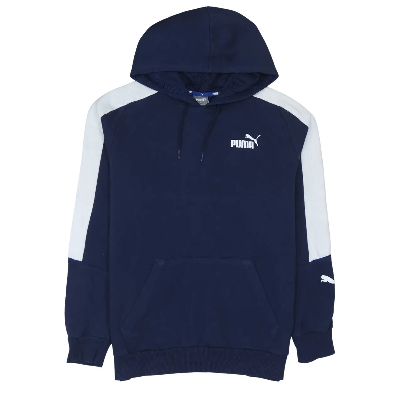 Puma Navy Blue Hoodie Men's Medium White Sleeve Stripes Embroidered Logo Pullover Sweatshirt sold by Vintage Club