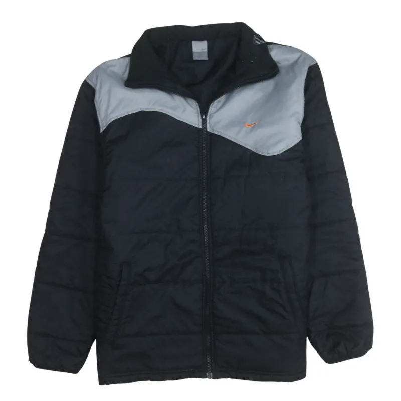 Nike Black Grey Puffer Jacket Women's Large Embroidered Swoosh Zip Pockets Windbreaker Outerwear sold by Vintage Club