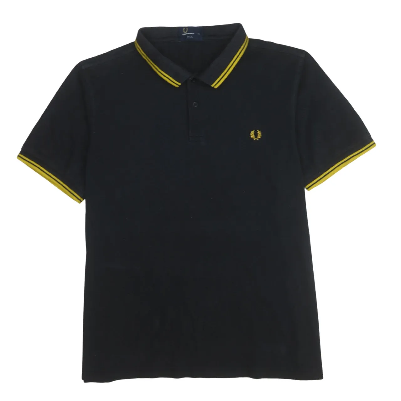 Fred Perry Black Polo Shirt Women’s XXLarge Twin Tipped Yellow Trim Embroidered Laurel Logo sold by Vintage Club