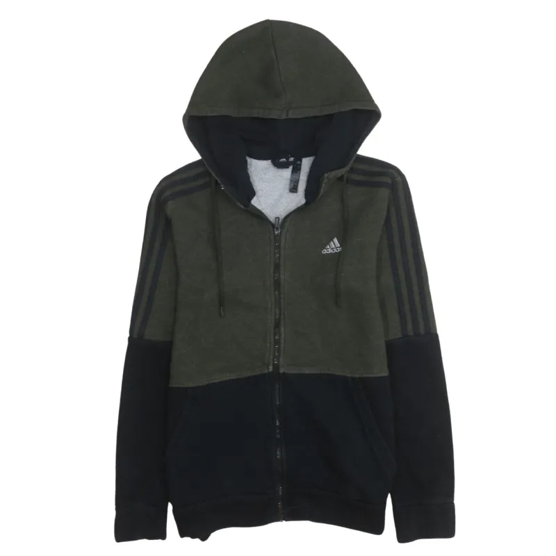 Adidas Khaki Black Hoodie Men’s XSmall Full Zip Three Stripe Sleeves Embroidered Logo Sweatshirt sold by Vintage Club