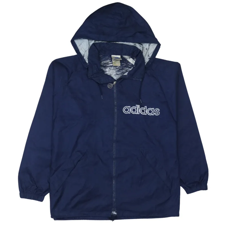 Adidas Navy Blue Hooded Windbreaker Men's Medium Printed Logo Zip Jacket Coat made by Adidas
