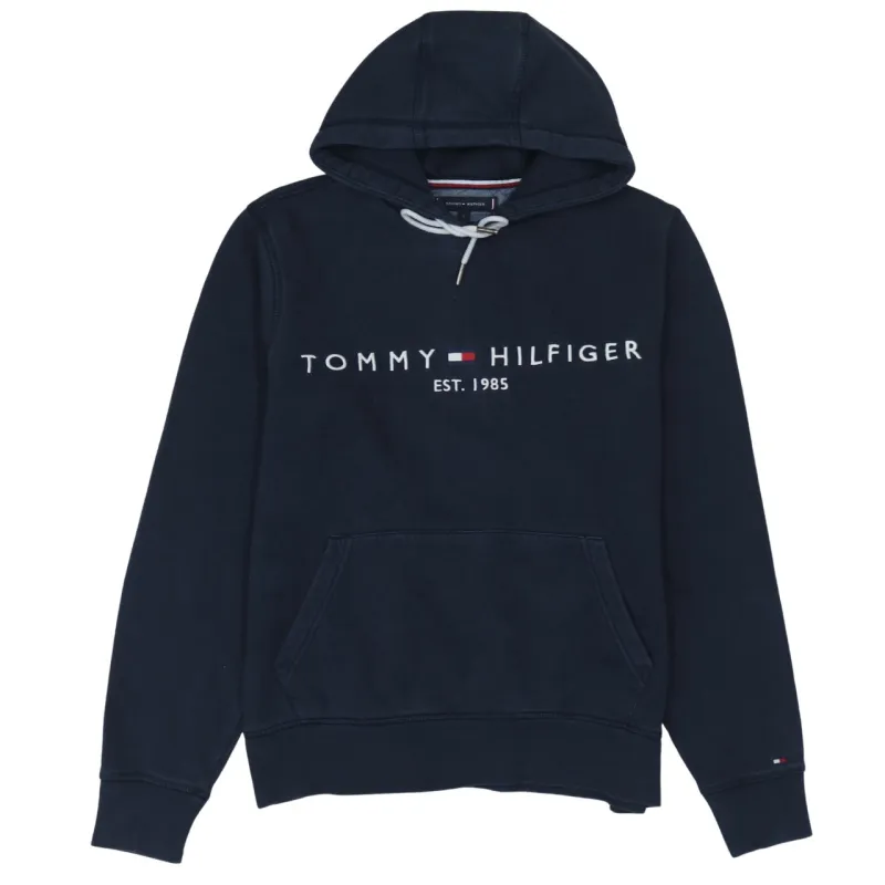 Tommy Hilfiger Navy Blue Hoodie Men's Small Embroidered Logo Drawstring Fleece Pullover Sweatshirt sold by Vintage Club