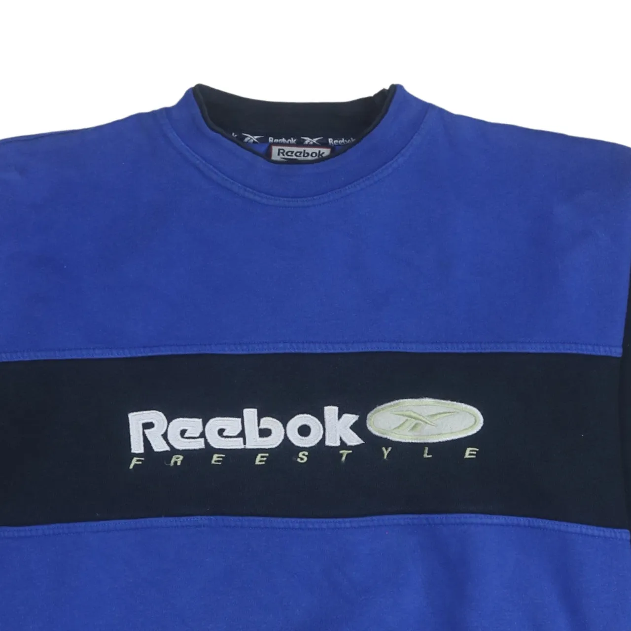 Reebok Blue Crewneck Sweatshirt Men's Large Embroidered Freestyle Logo Colour Block Pullover sold by Vintage Club product image thumbnail 3