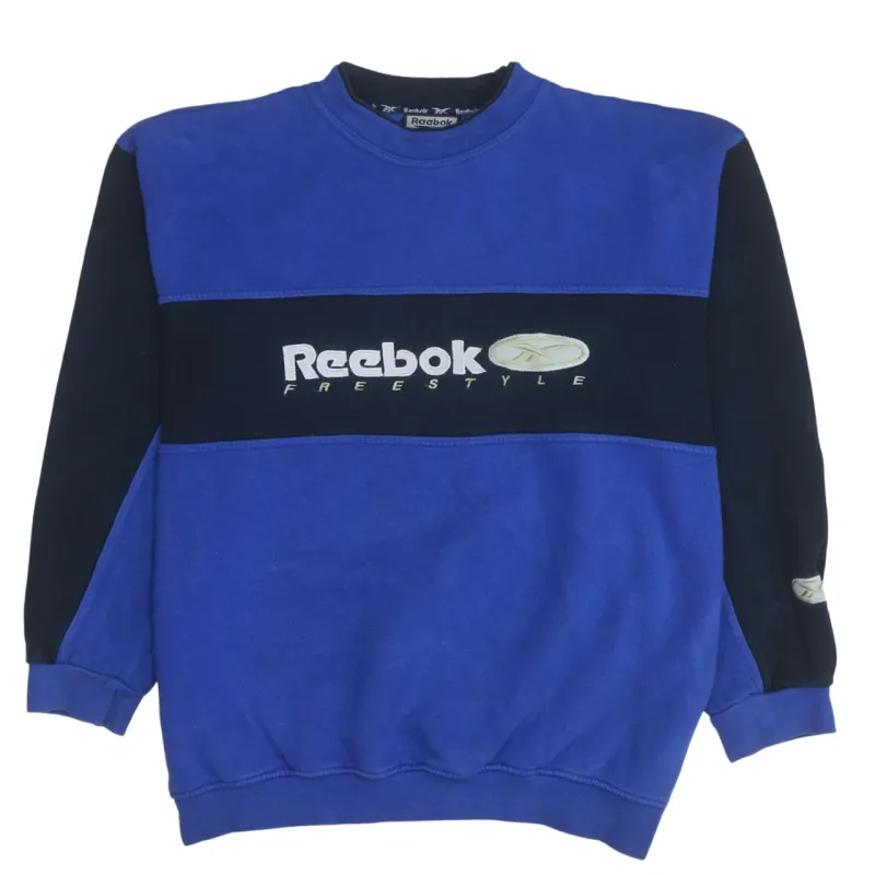 Reebok Blue Crewneck Sweatshirt Men's Large Embroidered Freestyle Logo Colour Block Pullover sold by Vintage Club