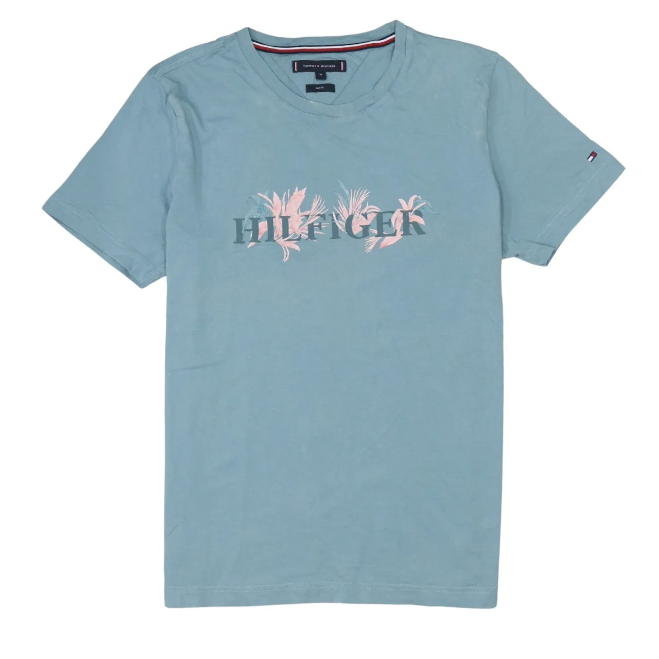 Tommy Hilfiger Light Blue T Shirt Women’s Medium Printed Hilfiger Logo Short Sleeve Tee sold by Vintage Club