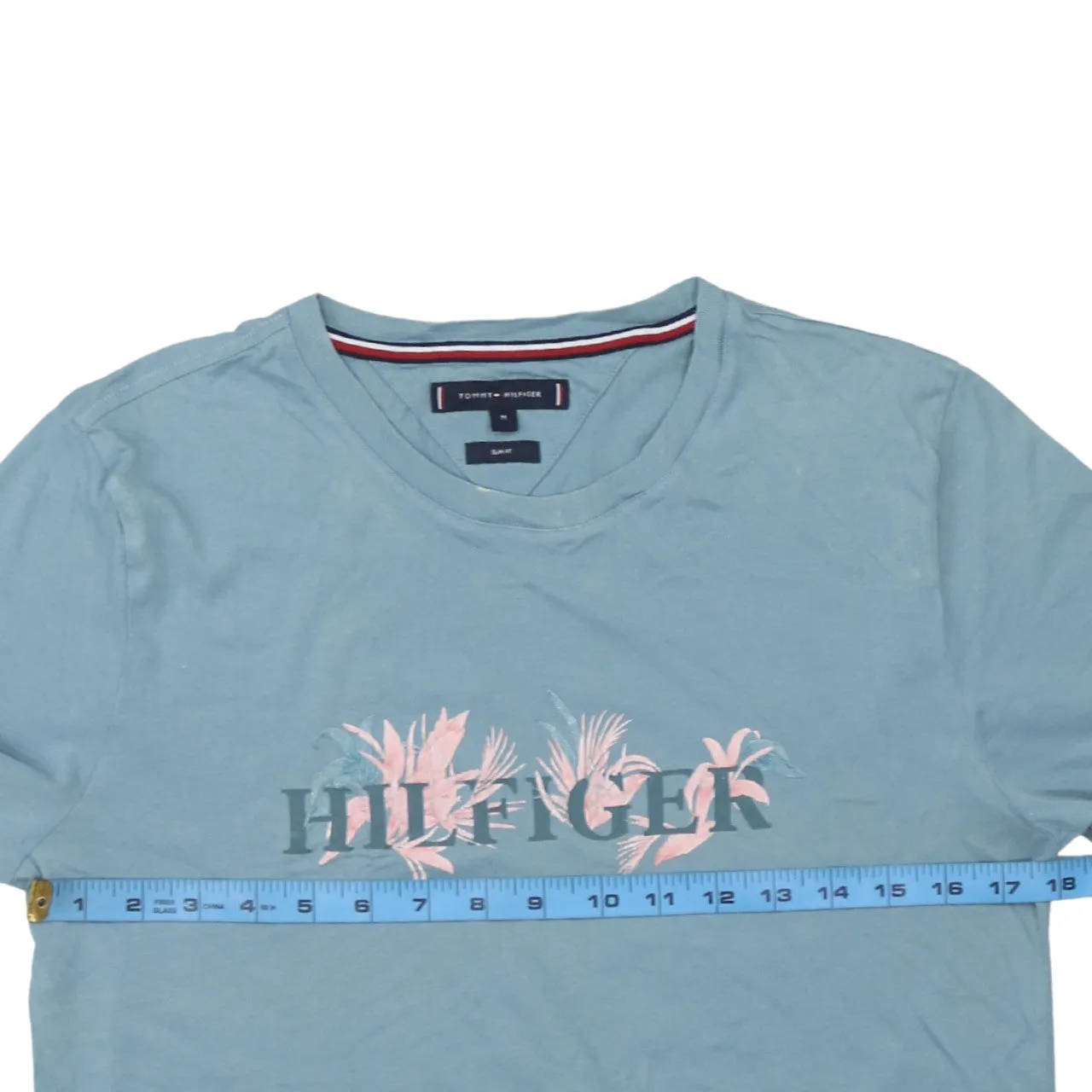 Tommy Hilfiger Light Blue T Shirt Women’s Medium Printed Hilfiger Logo Short Sleeve Tee sold by Vintage Club product image thumbnail 5