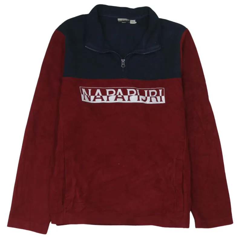 Napapijri Navy Burgundy Fleece Jumper Women’s XLarge Half Zip Big Logo Pullover Sweatshirt sold by Vintage Club