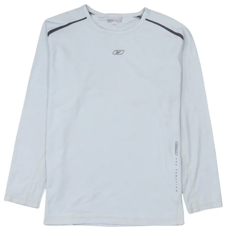 Reebok Light Grey Long Sleeve Top Women’s Medium Printed Logo Sportswear T Shirt sold by Vintage Club