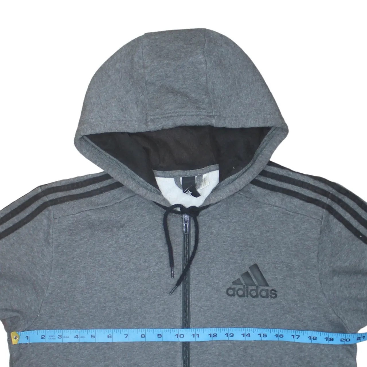 Adidas Dark Grey Hoodie Men's Small Full Zip Three Stripe Sleeves Printed Logo Sweatshirt sold by Vintage Club product image thumbnail 5