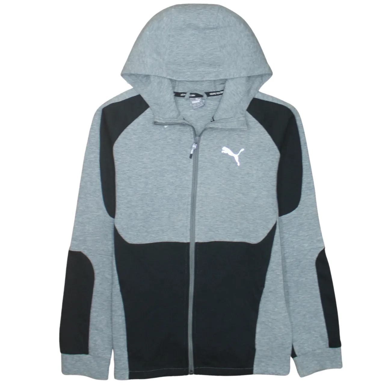 Puma Grey Black Full Zip Hoodie Women’s XLarge Printed Logo Panelled Sports Top Sweatshirt sold by Vintage Club