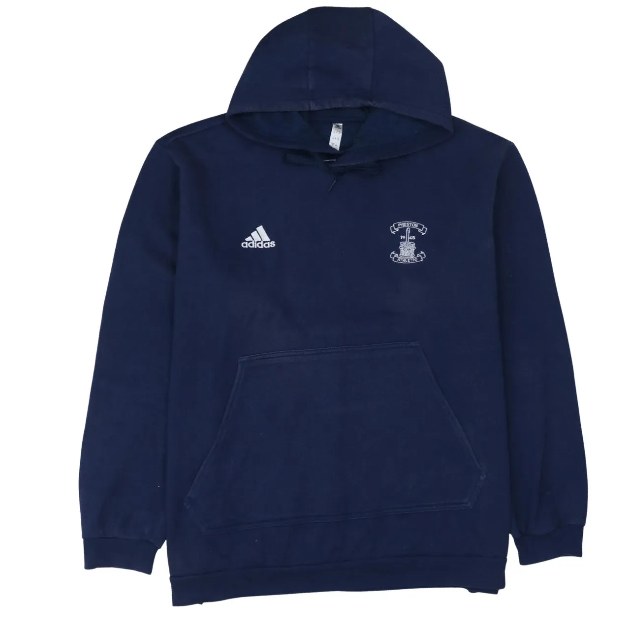 Adidas Navy Blue Hoodie Men's XXLarge Embroidered Chest Logos Front Pocket Pullover Sweatshirt sold by Vintage Club