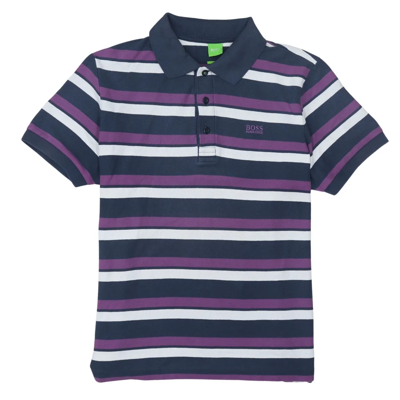 HUGO BOSS Navy Purple Stripe Polo Shirt Women’s XLarge Embroidered Logo Short Sleeve Top sold by Vintage Club