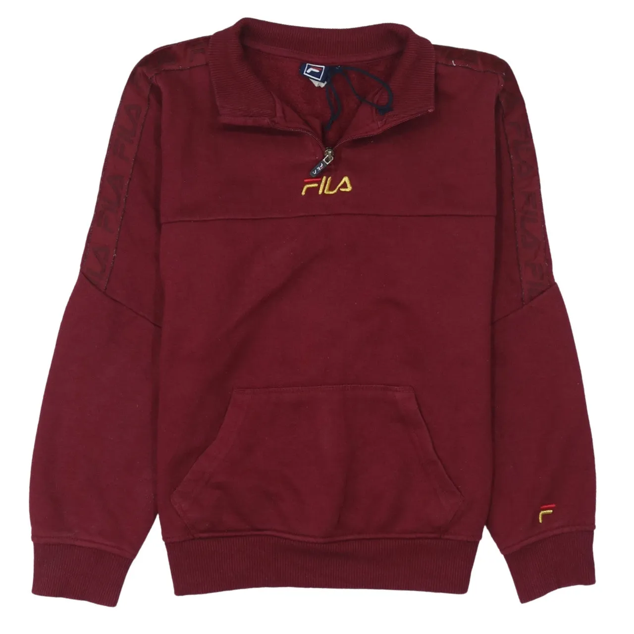 Fila Burgundy Red Sweatshirt Men's Small Quarter Zip Embroidered Logo Tape Sleeves Pullover sold by Vintage Club