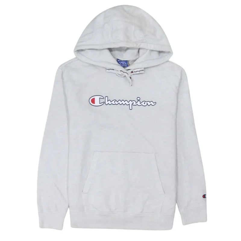 Champion Light Grey Hoodie Men's XSmall Printed Script Logo Front Pocket Pullover Sweatshirt sold by Vintage Club