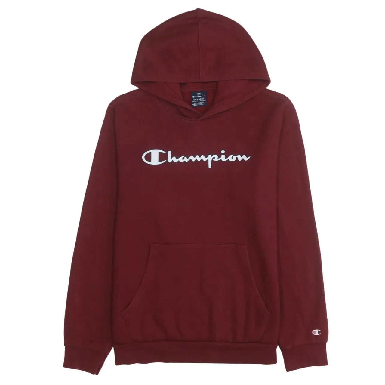 Champion Burgundy Red Hoodie Women’s XXLarge Printed Script Logo Fleece Pullover Sweatshirt sold by Vintage Club