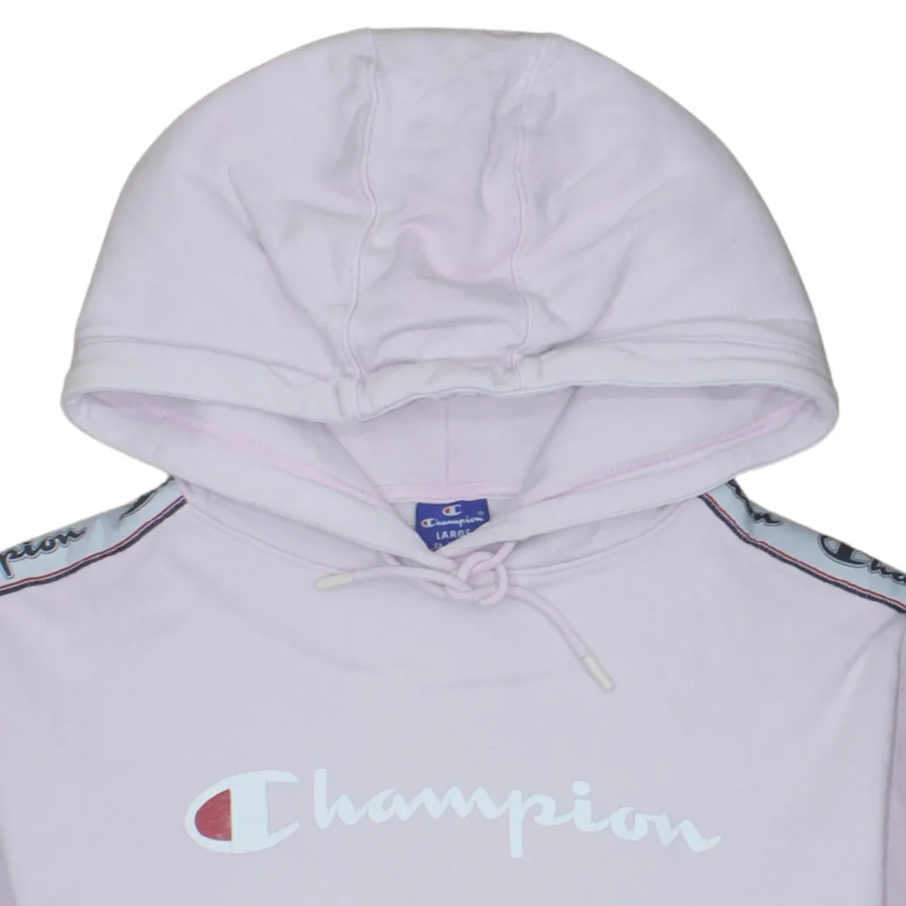 Champion Light Pink Hoodie Women’s Large Printed Chest Logo Tape Sleeve Pullover Sweatshirt sold by Vintage Club product image thumbnail 3
