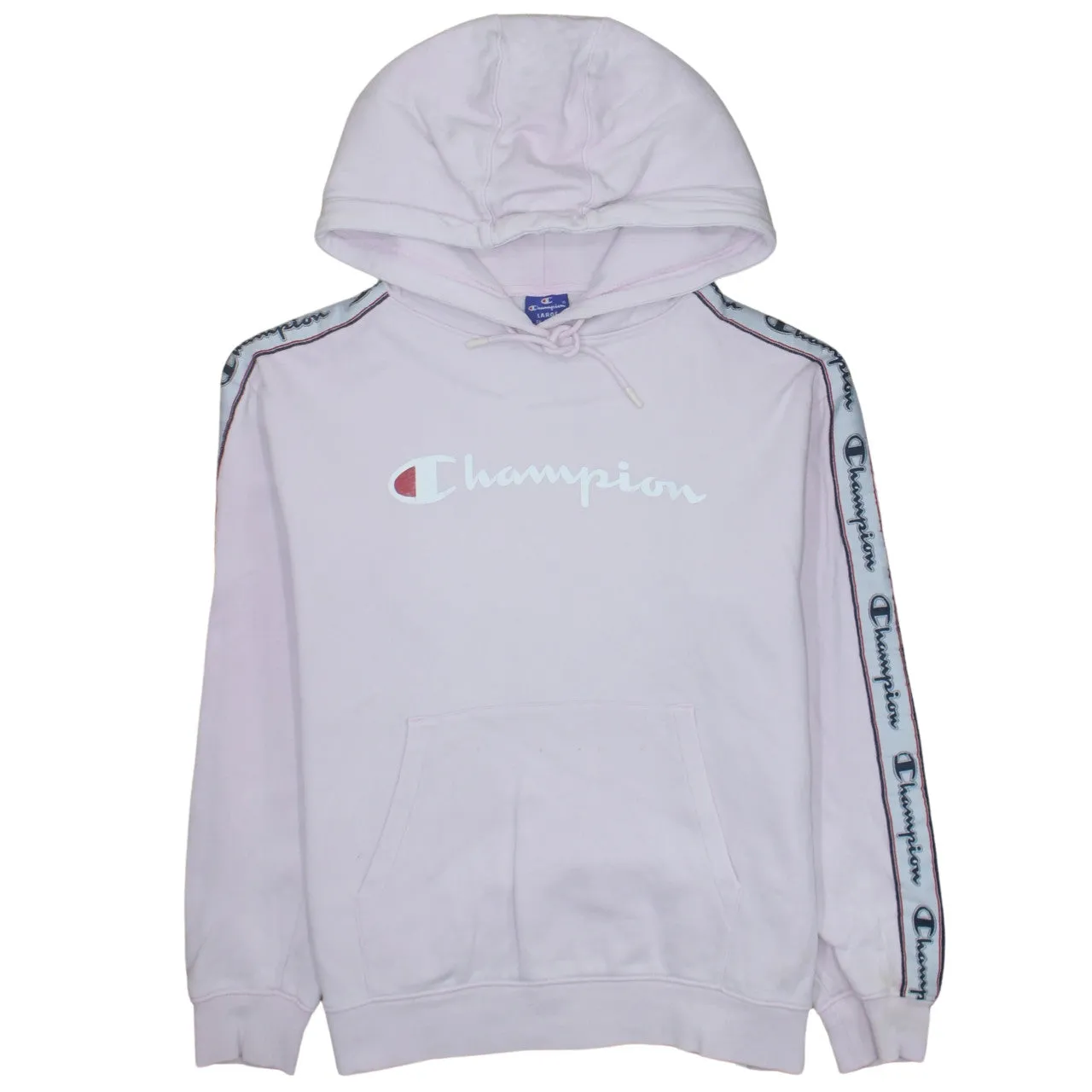 Champion Light Pink Hoodie Women’s Large Printed Chest Logo Tape Sleeve Pullover Sweatshirt sold by Vintage Club