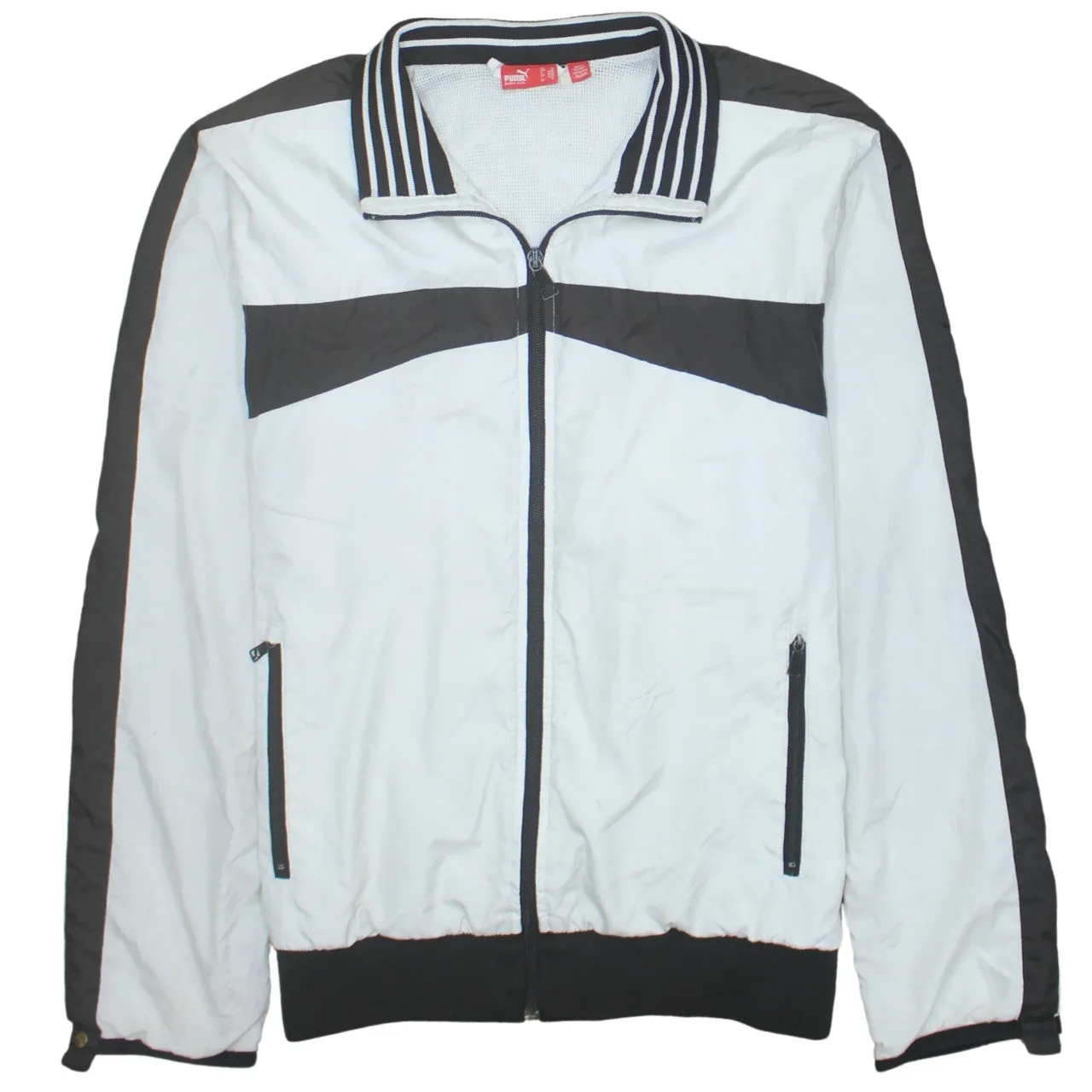 Puma White Black Windbreaker Jacket Men's Medium Zip Pockets Striped Collar Track Top sold by Vintage Club