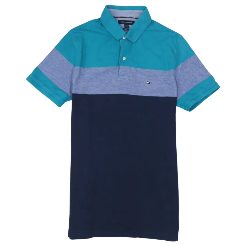 Tommy Hilfiger Teal Navy Polo Shirt Women’s Large Colour Block Small Flag Logo Top sold by Vintage Club