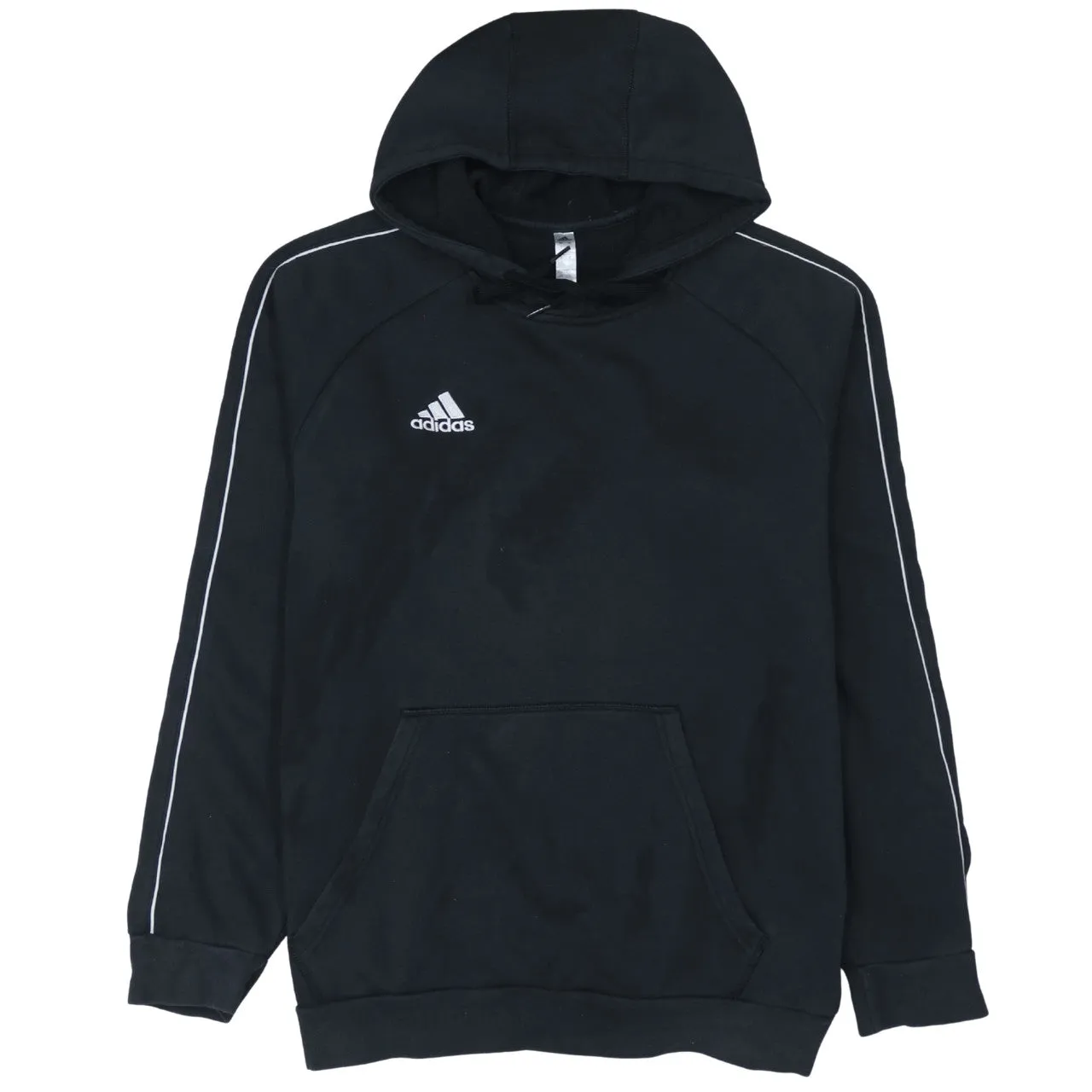 Adidas Black Hoodie Men's Large Embroidered Logo White Piping Front Pocket Pullover Sweatshirt sold by Vintage Club