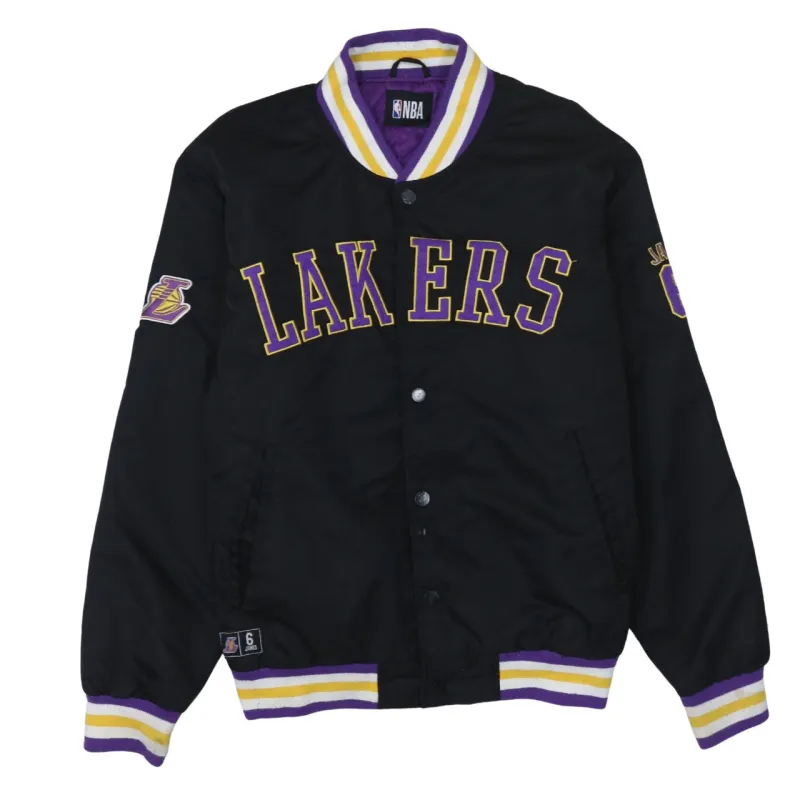 NBA Black Lakers Jacket Men's Medium Embroidered Logos Snap Front Striped Trim Windbreaker sold by Vintage Club