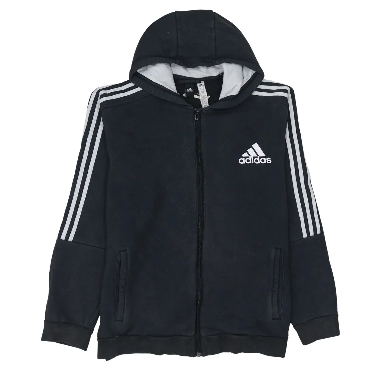 Adidas Black Full Zip Hoodie Women’s XLarge Embroidered Logo Three Stripe Sleeves Fleece Sweatshirt sold by Vintage Club