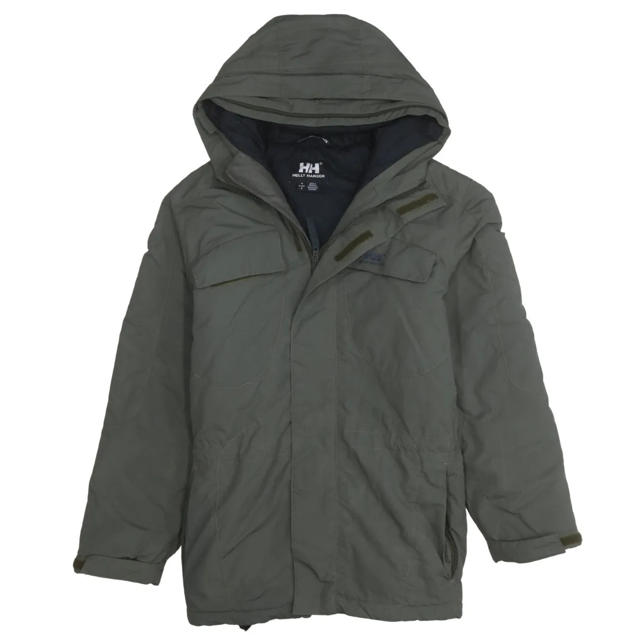 Helly Hansen Khaki Hooded Jacket Men's Small Zip Pockets Logo Insulated Parka Coat sold by Vintage Club