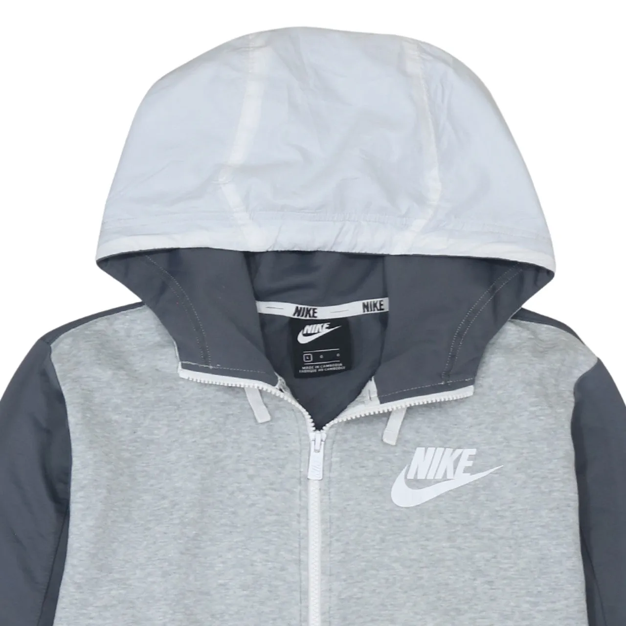 Nike Grey Full Zip Hoodie Women’s Large Embroidered Swoosh Contrast Sleeves Zip Pocket Sweatshirt sold by Vintage Club product image thumbnail 3