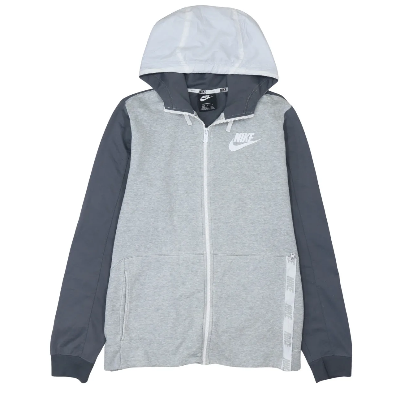 Nike Grey Full Zip Hoodie Women’s Large Embroidered Swoosh Contrast Sleeves Zip Pocket Sweatshirt sold by Vintage Club