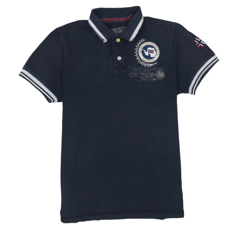 Napapijri Navy Blue Polo Shirt Men's Large Embroidered Chest Logo Flag Sleeve Casual Top sold by Vintage Club